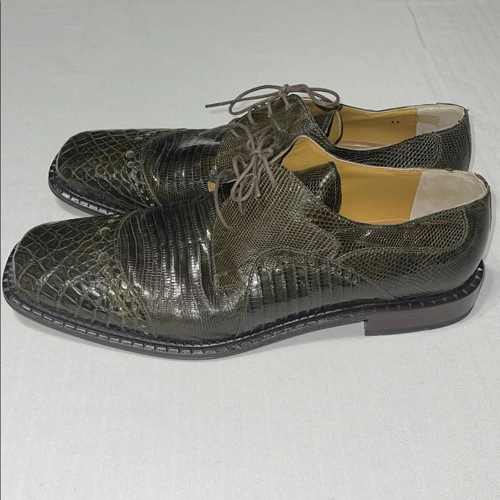 David Eden Sophisticated Olive Crocodile Lizard Derby Shoes